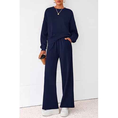 PRETTYGARDEN Women 2 Piece Outfits 2025 Fall Sweatsuits Crewneck Sweatshirt Wide Leg Sweatpants Lounge Sets Tracksuit