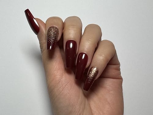 LOONGIN 24Pcs Long Press On Nails Bold Red and Gold Gradient Fake Nails Full Cover Reusable Nail Sticked on Nails Jelly Gl...