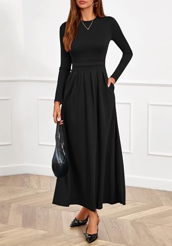 BTFBM Long Sleeve Dress for Women Spring Clothes 2026 Pockets Business Casual Pleated Fall Wedding Guest Dresses