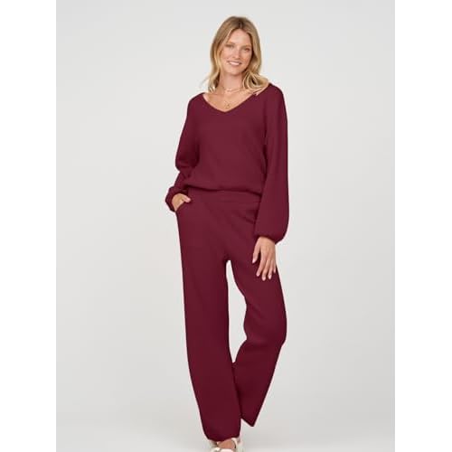 MEROKEETY Women's 2 Piece Outfits Lounge Sets Fall Winter Long Sleeve Knit Sweater Wide Leg Pant Matching Set