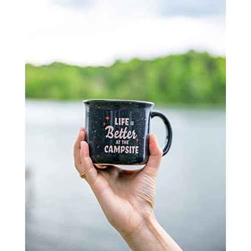 Camco Life is Better at The Campsite Ceramic Coffee Mug - Microwave and Dishwasher Safe - Features Speckled Blue Background with Life is Better at the Campsite Design - Coffee Cup Holds 14oz. (53473)