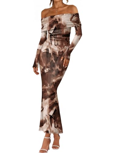 LILLUSORY Off The Shoulder Bodycon Floral Dress 2026 Fall Long Sleeve Maxi Wedding Guest Cocktail Going Out Club Dresses