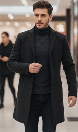 Men's Wool Blend Pea Coat Single Breasted Overcoat Warm Winter Trench Coat