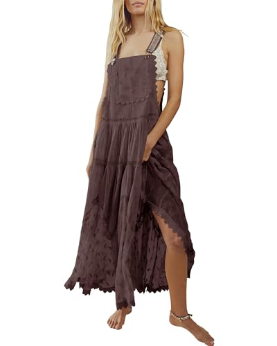 Gacaky Summer Dress for Women Casual Floral Embroidered Bohemian Dress Adjustable Straps Bib Maxi Flowy Dresses with Pockets