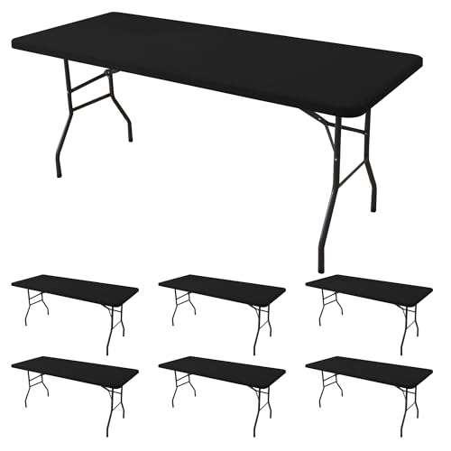 Enjoyidea Fitted Tablecloth for 6 Foot Rectangle Tables-6 Pack Black Elastic Outdoor Picnic Table Cover-Spandex Stretch Fo...
