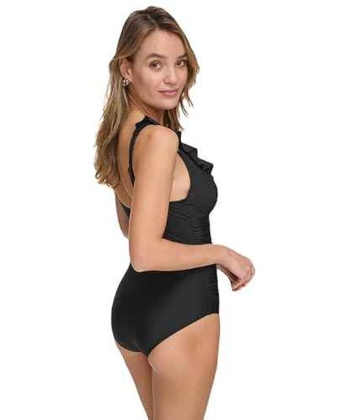 DKNY Women's Ruffle V-Neck One Piece Swimsuit with Tummy Control, Black, Large