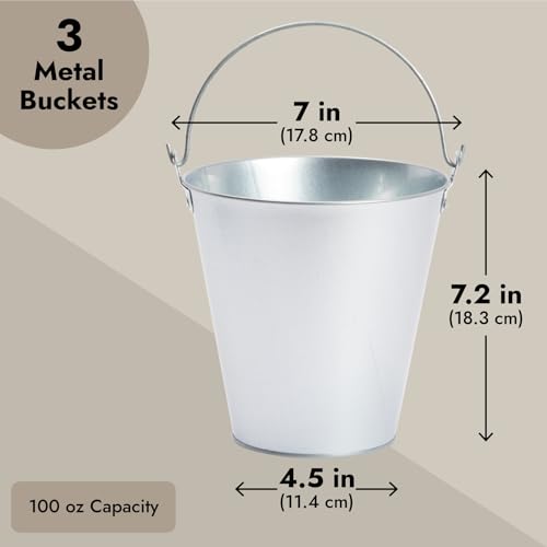 Juvale Metal Bucket 3-Pack - 7 in Top Dia x 4.5 in Bottom x 7.2 in H, 100 oz, Silver - Ice Bucket & Beer Chiller Tin Pail...
