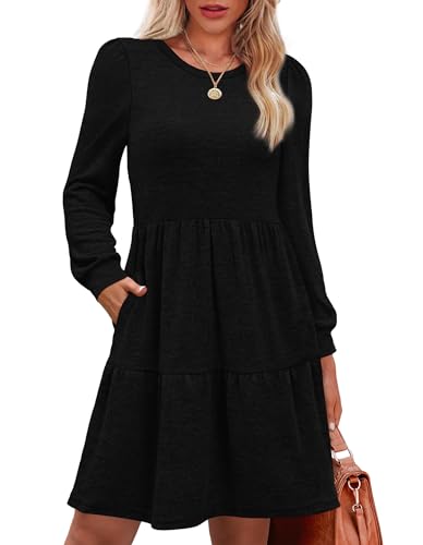 OFEEFAN Womens Long Sleeve Fall Dresses with Pockets Crew Neck Babydoll Casual Winter Dress 2025