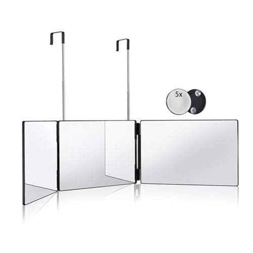 HIEEY 3 Way Mirror for Hair Cutting,360 Trifold Mirror with Height Adjustable Telescoping Hooks,and 5X Magnification,for Makeup, Hair Styling