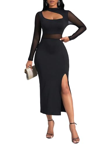 Milumia Women's Cut Out Mock Neck Mesh Dress Slit Hem Long Sleeve Bodycon Maxi Dresses