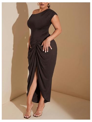 Floerns Women's Plus Size Asymmetrical Neck Long Dress Ruched Slit Hem Cocktail Dress
