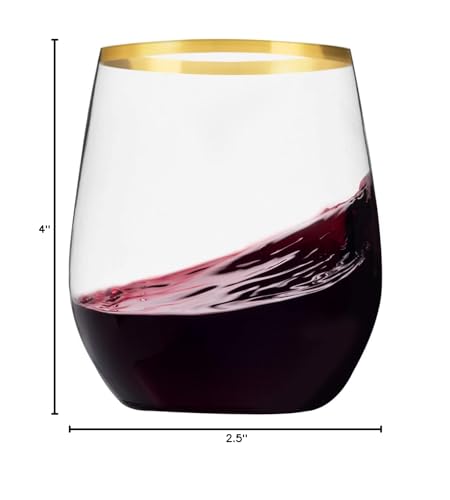 Munfix Plastic Stemless Wine Glasses with Gold Rim, Disposable Clear Plastic Cups 12 Oz - 24 Pack - Shatterproof Recyclabl...