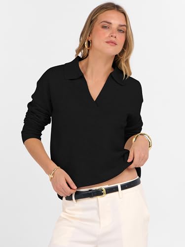 ANRABESS Womens Polo V Neck Long Sleeve Sweaters Lightweight Dressy Casual Business Basic Knit Pullover Top 2025 Fall Outfits