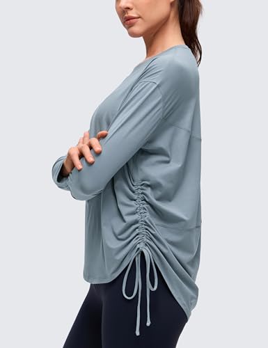 CRZ YOGA Pima Cotton Side Ruched Shirts for Women - Casual Workout Yoga Long Sleeve Tops Loose Crewneck Soft Comfort T-Shirts