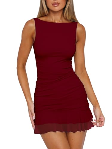 HOCILLE Women's Sexy Bodycon Boat Neck Mini Dresses Sleeveless Ruched Ruffle Hem Club Party Short Dress