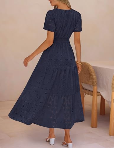 MEROKEETY Women's Spring Summer Floral Maxi Dress 2026 Boho Eyelet Hollow Out Lace Short Sleeve A Line Tiered Flowy Dresses