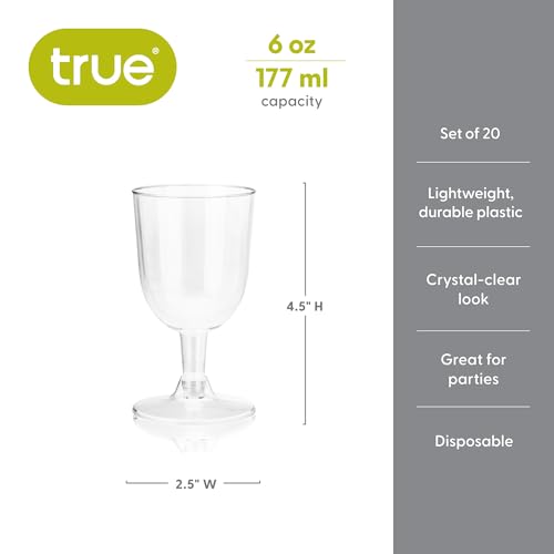 True Party Disposable Plastic Wine Glasses, Stemmed Clear Plastic Cups for Outdoors, Parties, 6 Oz Set of 20