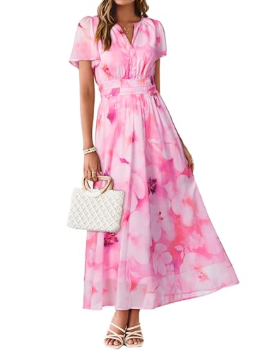 Simplee Women Floral Summer Maxi Dress Boho Flowy Casual Chiffon Short Sleeves V Neck Long Wedding Guest Dresses