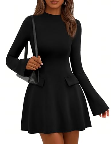 PRETTYGARDEN Women's Elegant Holiday Short Dress 2026 Fall Bell Long Sleeve Mock Neck Work Business Casual Party Mini Dress