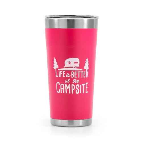Camco Life is Better at The Campsite Tumbler | Heavy Duty Double Wall Vacuum Insulation | Crafted of 18/8 Stainless Steel | Unique ¡°Life is Better at The Campsite¡± Design on Coral Pink | 20-oz (53061)