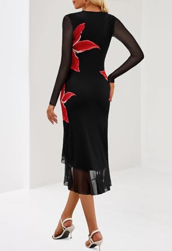 MEROKEETY Women's 2026 Wedding Guest Dress Bodycon Long Sleeve Square Neck Ruched Mesh Cocktail Party Holiday Midi Dresses