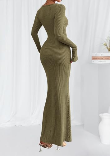 PRETTYGARDEN Women's Fall Fashion 2026 Long Sleeve Maxi Dress Ribbed Knit Boat Neck Bodycon Casual Dresses Going Out Outfits