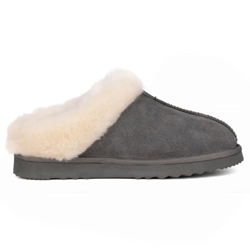 Parfeying Women‘s Real Wool Slippers in Genuine Leather with Anti-Slip Rubber Sole, Warm Indoor Outdoor Shoes with Memory ...