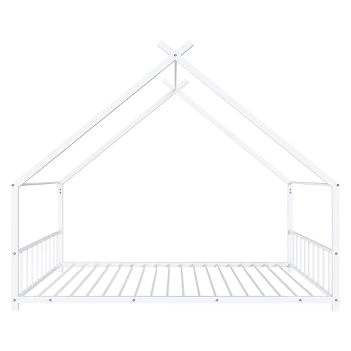 Twin Floor House Bed with Storage Shelf, Wood Twin Bed Frames with Headboard & Guardrail, Montessori Floor Bed with Wooden Slat Support for Boys Girls, White