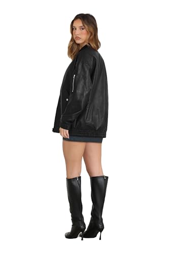 XIEERDUO Faux Leather Jacket Women Oversized Motorcycle Bomber Coats Zip Up Sleeve Pocket 2025 Fall Winter Clothes