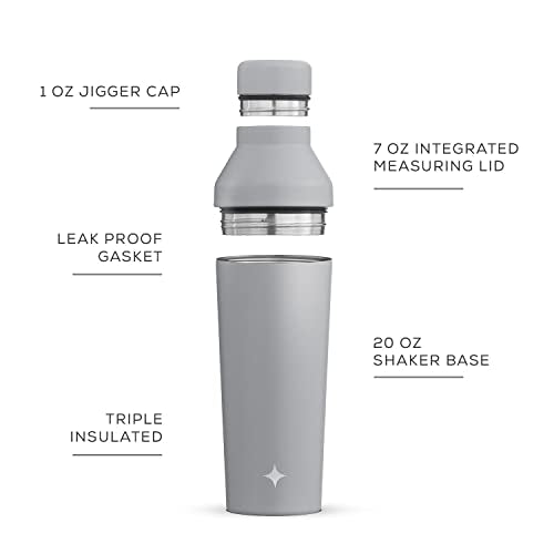 JoyJolt Triple Insulated Cocktail/Protein Shaker Bottle. 20oz Shaker Cup with Alcohol Measure Lid and Jigger Cap. 12hr Ice...