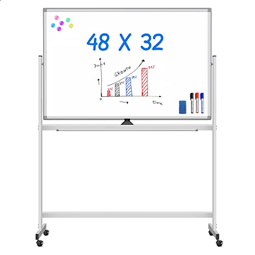 Maxtek Rolling White Board on Wheels 48x32 inch Double Side Magnetic Dry Erase Board with Stand, Aluminum Frame Easel Mobi...