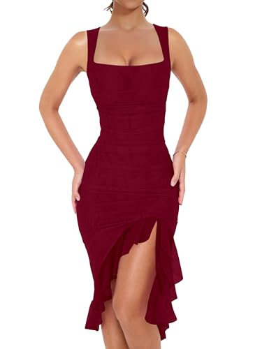 BORIFLORS Women's Sexy Ruched Bodycon Midi Dresses Square Neck Sleeveless Ruffle Hem Club Party Tank Dress