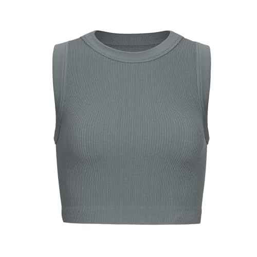 AUROLA Essentials Rib Seamless Sleeveless Tank for Women Subtle Logo Round Neck Active Workout Crop Tops
