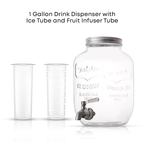 1-Gallon Drink Dispenser. Glass Beverage Dispenser with Stainless steel Spigot plus Ice Cylinder and Fruit Infuser! Water ...