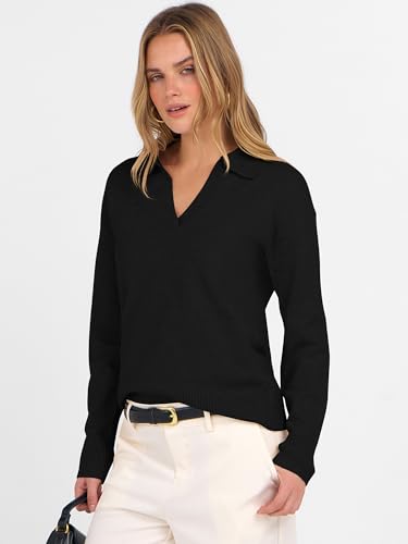 ANRABESS Womens Polo V Neck Long Sleeve Sweaters Lightweight Dressy Casual Business Basic Knit Pullover Top 2025 Fall Outfits