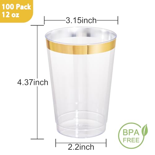 I00000 100 Pack 12 oz Gold Plastic Cups, Gold Rimmed Disposable Cups, Disposable Wine Glasses Cocktail Glasses Premium Cup...