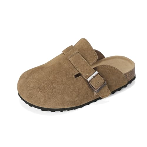 Hebelee Kids Suede Clogs Toddler Clogs for Girls Boys Cork Footbed Mules Adjustable Buckle Sandals for Indoor Outdoor
