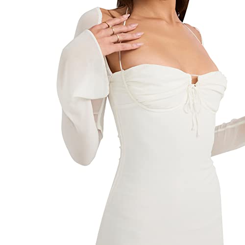 Zebaexf Women's Mesh Dress Long Puff Sleeve Mini Bodycon Sweet Neck Party Mini Dresses for Women