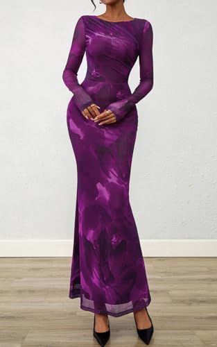 PRETTYGARDEN Women's Long Sleeve Floral Fall Wedding Guest Dress Casual Crewneck Ruched Bodycon Mesh Long Maxi Dresses