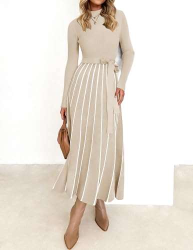 ZESICA Womens 2026 Spring Turtleneck Long Sleeve Sweater Dress Tie Waist Casual Loose Ribbed Knit A Line Midi Dresses
