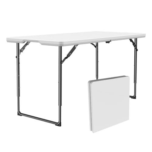 FurniEdge 4ft Folding Table with Adjustable Height, Heavy Duty Fold-in-Half Plastic Table with Steel Legs, Portable for In...