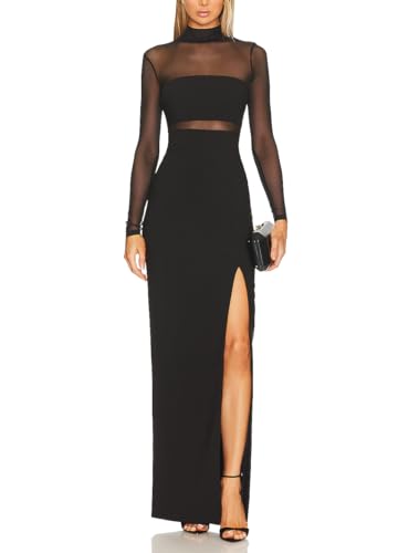 Aigeman Women See Through Mesh Long Sleeves Maxi Dress Turtleneck Bodycon Long Dresses Side Slit Cocktail Party Dress 451