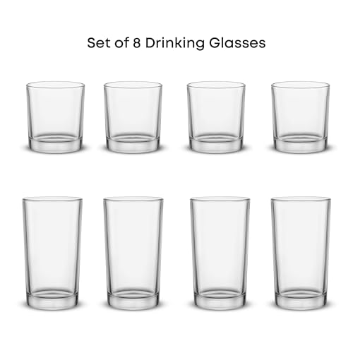 JoyJolt Alain Drinking Glasses Set of 8 Glass Tumblers. Highball 14oz Bar Glasses and Lowball 10oz Rocks Glasses Set. Cock...