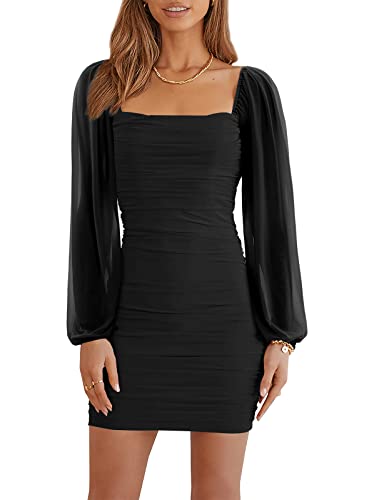 Wenrine Women's Mesh Long Sleeve Square Neck Ruched Party Club Cocktail Bodycon Mini Dress