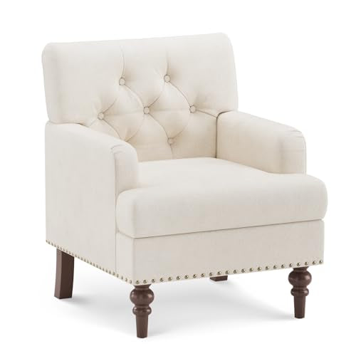 MALOL Upholstered Accent Chair with Thick Cushion, High Back Reading Chair, Linen Blend Armchair with Solid Rubberwood Leg...