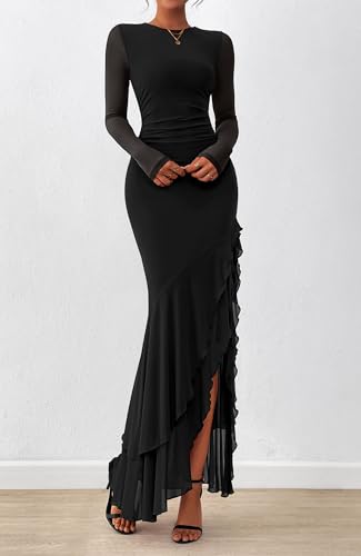 BTFBM Women's Maxi Dresses Spring 2026 Long Sleeve Ruched Bodycon Solid Ruffle Mermaid Cocktail Wedding Guest Dress