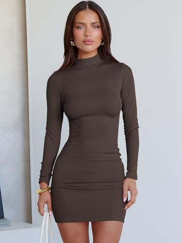 ANRABESS Women Long Sleeve Mock Neck Bodycon Mini Dress 2025 Fall Ribbed Slim Fit Pencil Cocktail Club Night Dresses