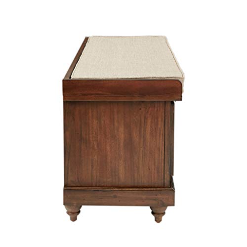 OSP Home Furnishings Dover Coastal Lift-Top Storage Bench with Shutter Face Styling, Distressed Brown Finish with Beige Linen Fabric Cushion