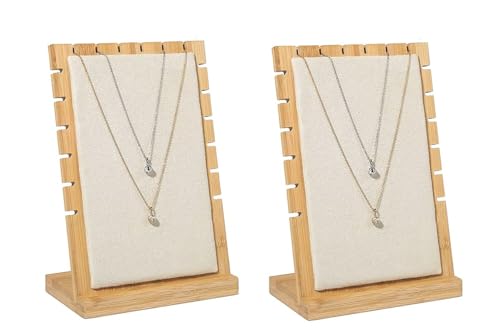 RJ Displays Set of 2 Large Beige PU & Bamboo Wood Necklace Jewelry Display Boards – Adjustable Necklace Holder Stands for ...