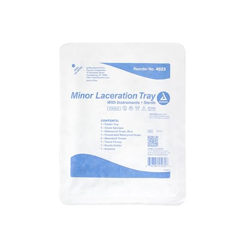 Dynarex Minor Laceration Trays with Instruments - Compact & Sterile - Tray, Gauze Sponges, Drape, Needle Holder, Towels, F...